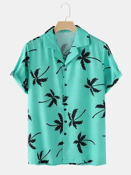 Erkek Hawaii Hindistan Cevizi Ağacı Baskı Desen Gömlek Yaz İnce Plaj Tatil Gelgit Marka Moda Rahat Gevşek Kısa kollu Üst