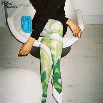 Whatiwear Baskılı Yeşil Temel Süt İpek Streç Slim-fit Tayt kadın Yumuşak Rahat Nefes Sıkı Pantolon Spor