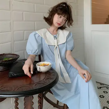 Yaz Zarif Mavi uzun elbise Kadınlar için Kız Midi Elbiseler Vintage Bayanlar Maxi Giyim Japon Kawaii Tiki Tarzı Giysiler