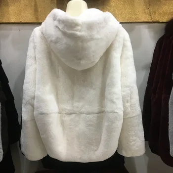 Kadın kışlık kürk palto Rex Tavşan Kürk Ceket Kadın Giyim Rahat Sıcak Gevşek Kapşonlu Kadın Gerçek Kürk Ceket Casaco Feminino Lq