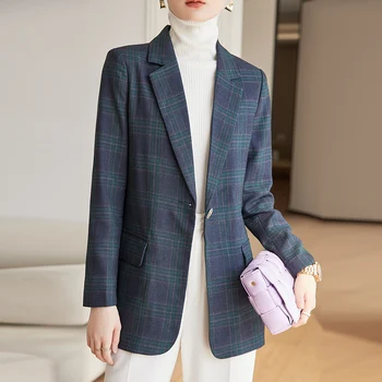 Ekose Sonbahar Kış Bayanlar Profesyonel Ofis Yaka Kruvaze Takım Elbise Ceket Rahat Kadın İş Gevşek Ceket Katı Blazers