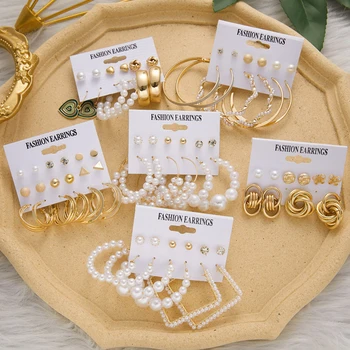 Vintage Altın Renk Geometrik küpe seti Kadınlar için Moda İnci Damla Küpe Moda Küpe Seti kadın mücevheratı Hediyeler 2022
