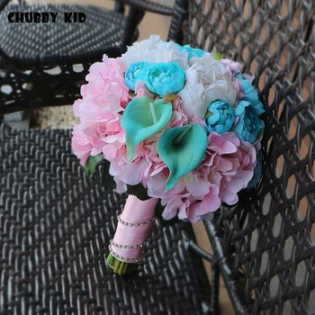 100 % Hi-Q Romantik Gelin Buketleri El Yapımı Yapay Çiçek Buketi Düğün Gelin buketi Ramo Novia pembe ve mavi renk buket