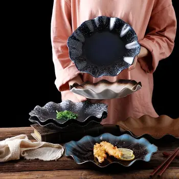 Japonya ve Güney Kore Retro Lotus Yaprağı seramik tabak Düzensiz Dalgalı Yaratıcı Restoran Yemekleri Batı Porselen Makarna Yemekleri
