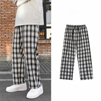 Ekose erkek Pantolon İlkbahar Yaz Moda Rahat Vintage Pantolon Gevşek Düz Ev Pantolon Yakışıklı Streetwear Boy Dipleri