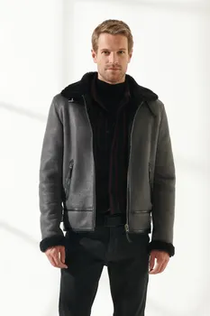 Erkek Pilot Gri Kürk Kapşonlu Deri Ceket Yeni Yıl Moda Kış Sıcak Tutar Haki Kuzu Derisi Ve Kürk gündelik giyim Biker mont